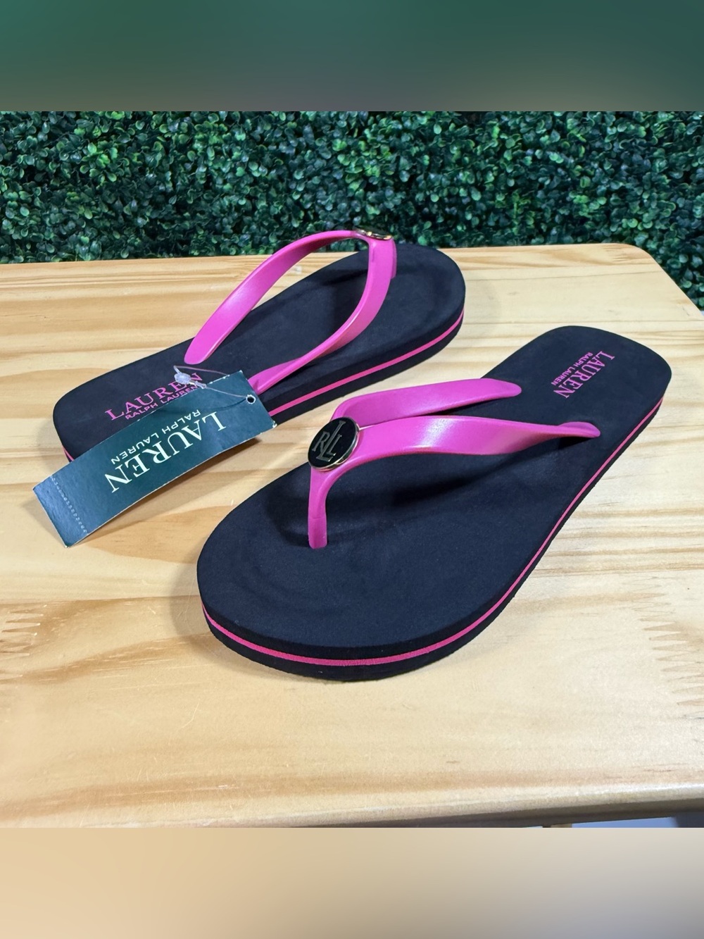 Lauren Ralph Lauren Elissa II Women’s 8 Pink Black Logo Flip Flops Sandals NWT